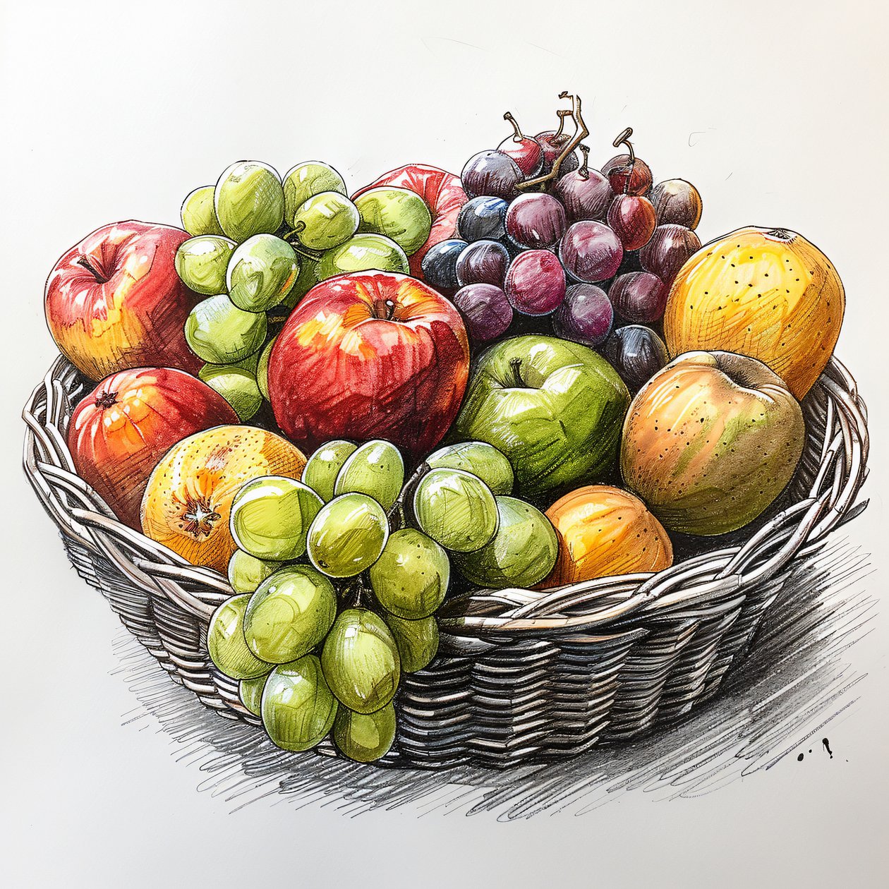 een mand met fruit, eenvoudige stilleven tekening, wall art prints op aanvraag door F. Abderrahim