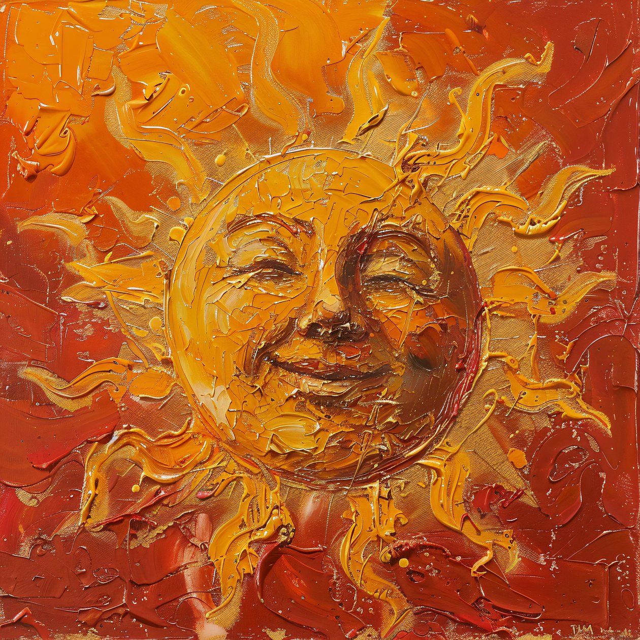Een mollige zon geschilderd op een rode en gesluierde achtergrond, canvas art prints door F. Abderrahim