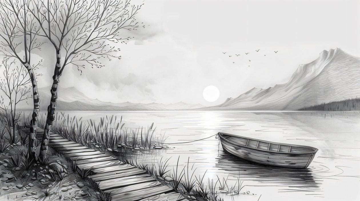 Boot in het midden van een rivier, getekend met zwarte lijnen, canvas prints op maat online door F. Abderrahim