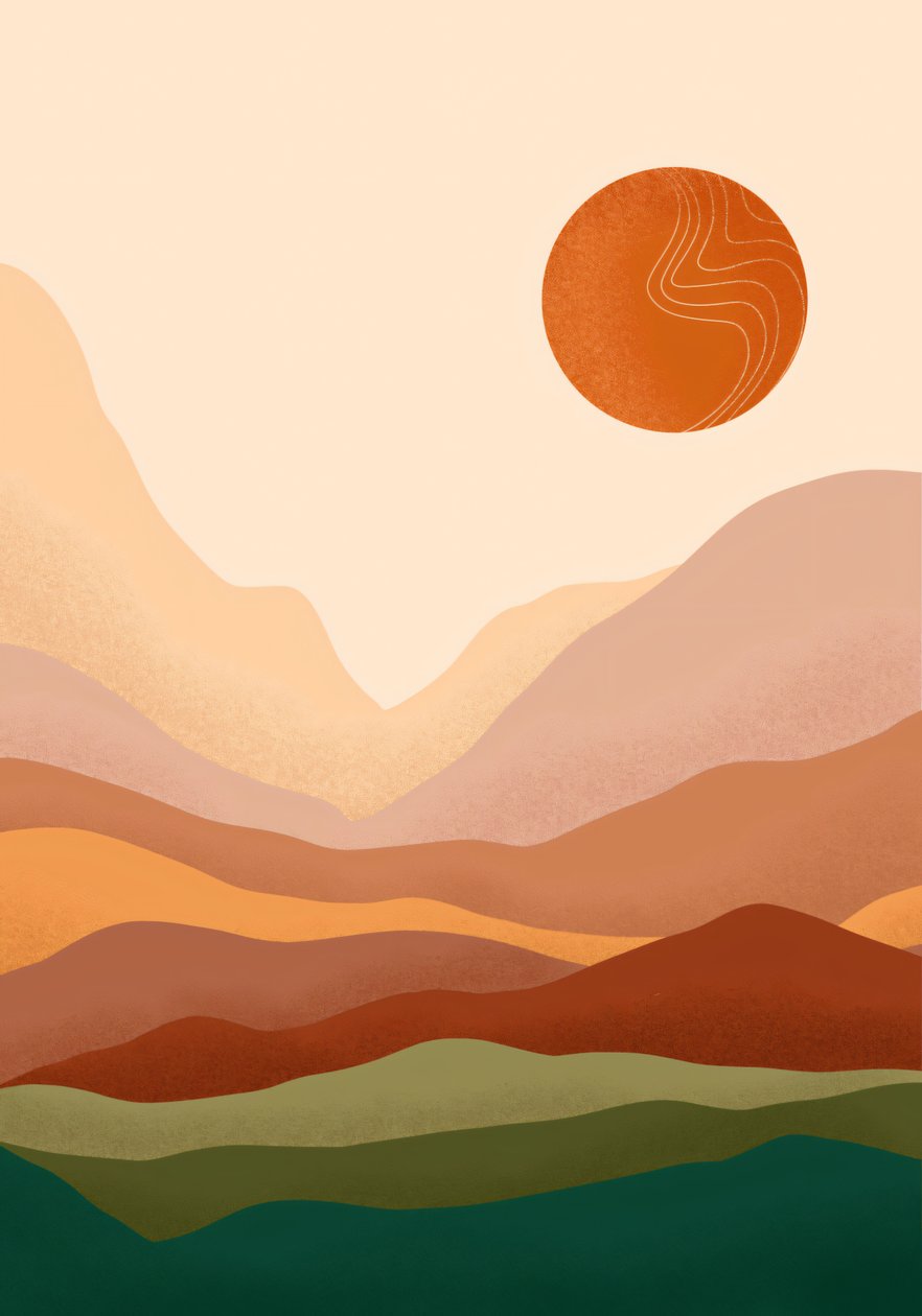 Boheemse Zonsopgang  Berg minimalistische Poster, online canvas afdrukken op aanvraag door F. Abderrahim