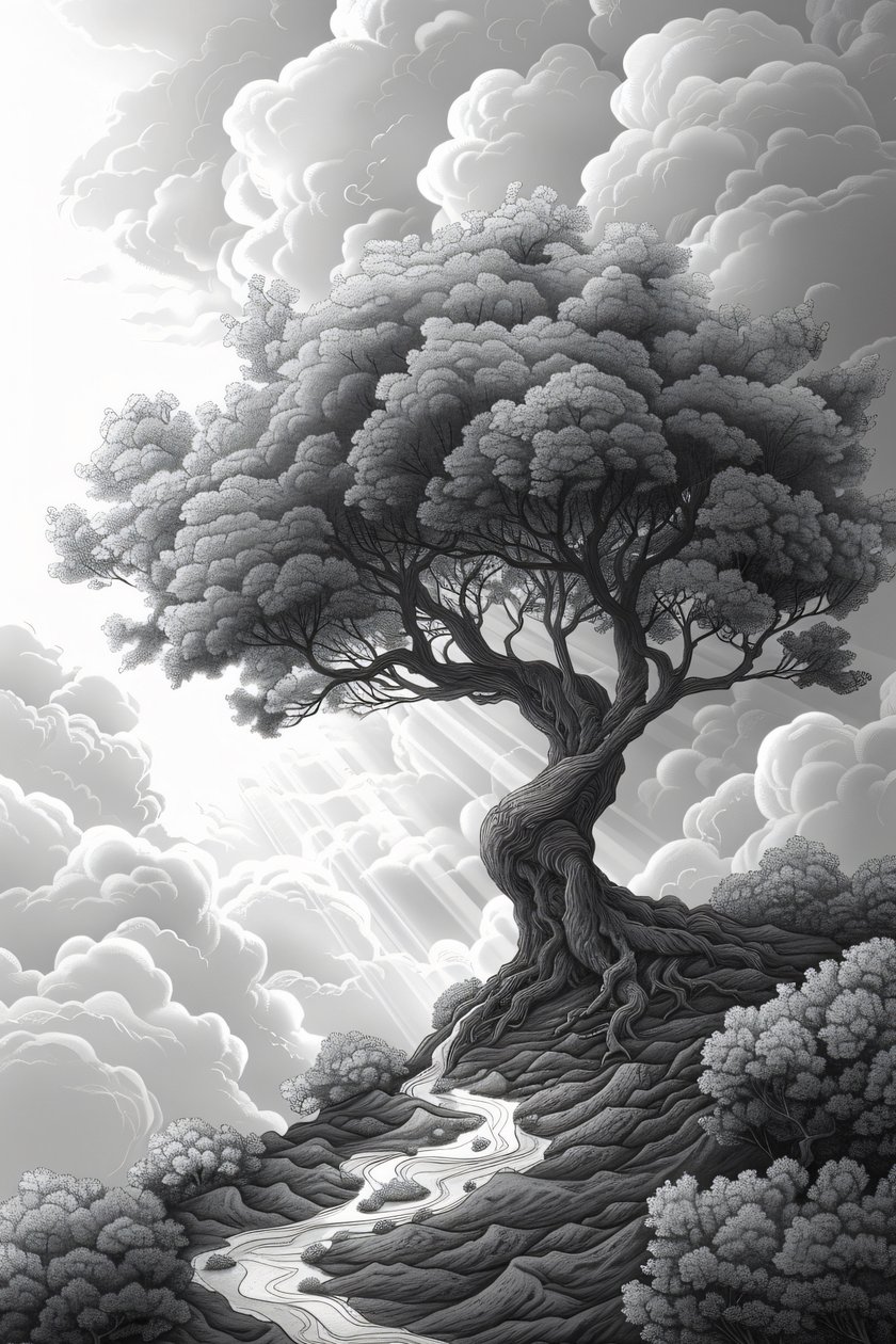 Majestueuze rotsformatie, natuurlijk portaal, dramatische storm en boom, ingelijst wanddecor, door F. Abderrahim