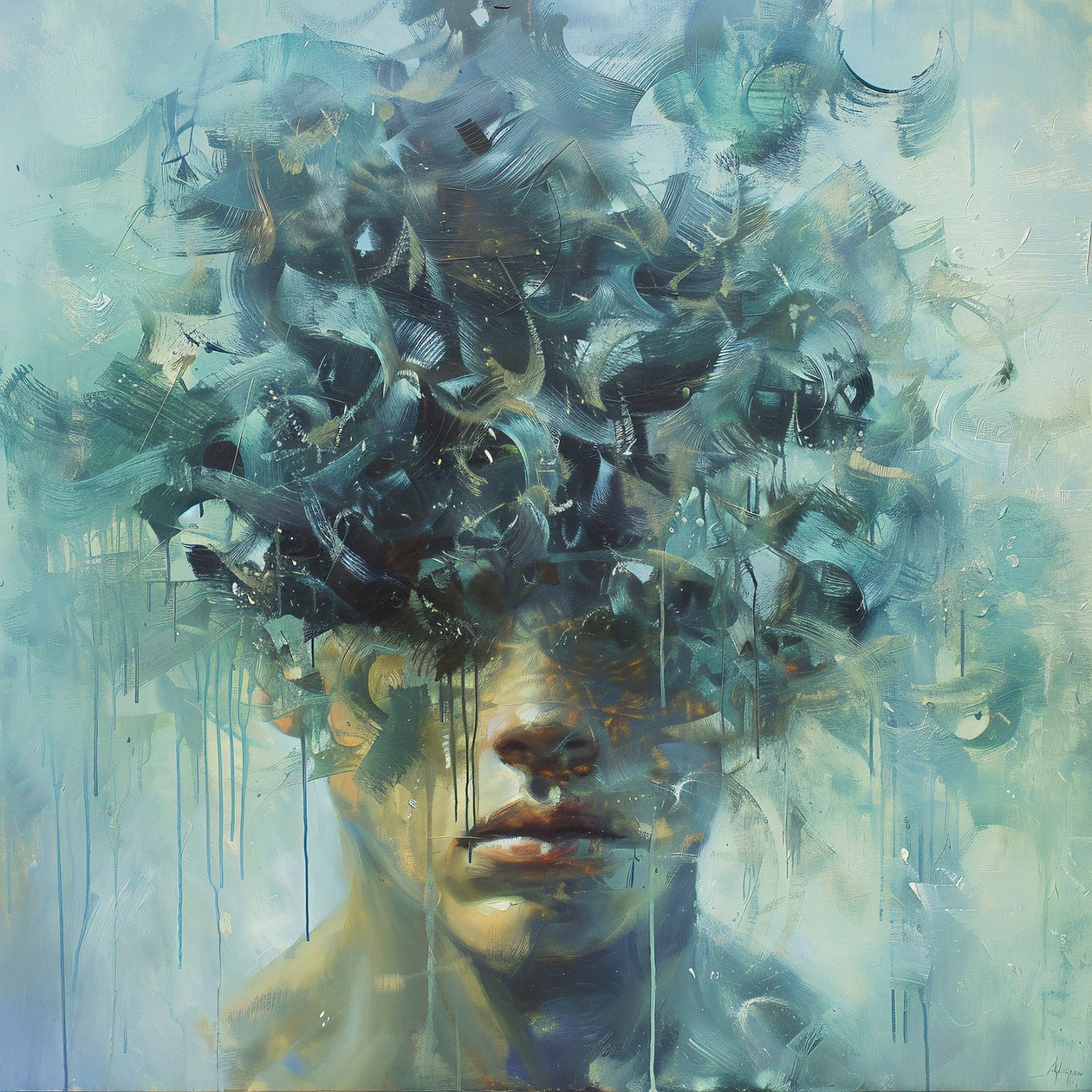Man die diepe droefheid uitdrukt, psychologie kunst schilderij, impressinist, online canvas afdrukken door F. Abderrahim