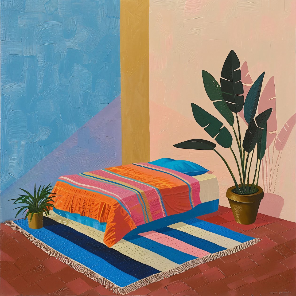 Minimalistisch Mexicaans bed in de stijl van David Hockney, wall art prints on demand door F. Abderrahim
