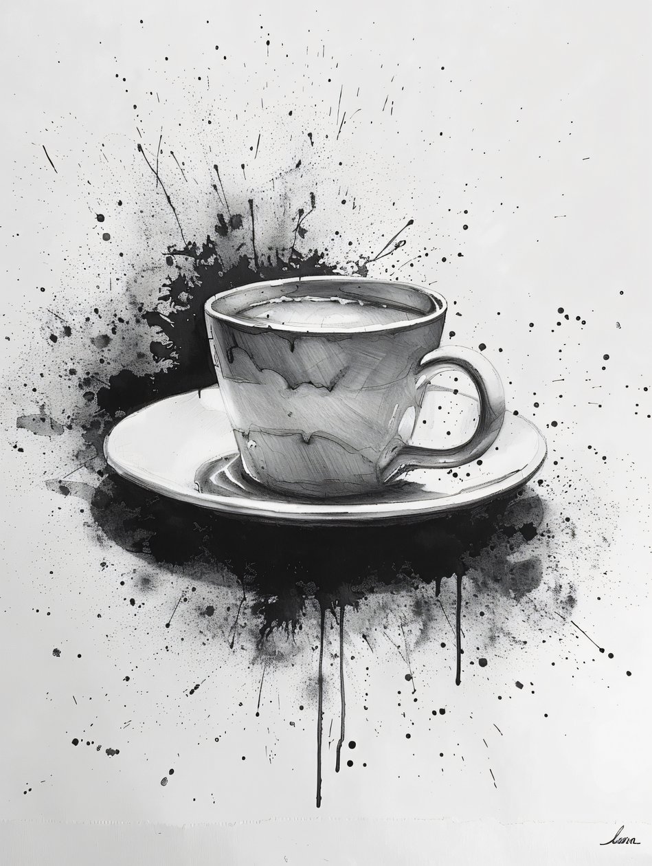 Minimalistische Noir-scène met enkele lijn en koffievlek, online kunstdrukken door F. Abderrahim