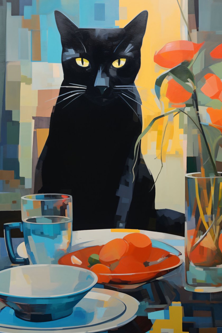 Schilderij van een zwarte kat etend op een bord bloemen, wall art prints on demand door F. Abderrahim