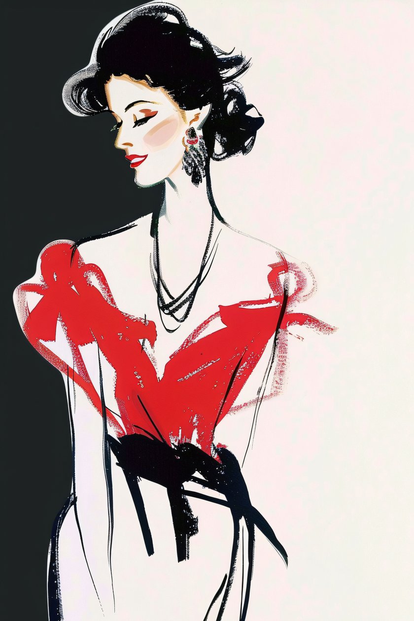 Paris Fashion, rode en zwarte jurk, René Gruau-stijl, Franse dame die make-up poseert door F. Abderrahim