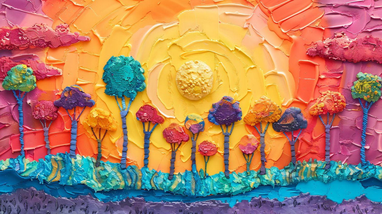 Plasticine panoramisch boomlandschap met heldere kleuren, online kunstdrukken door F. Abderrahim