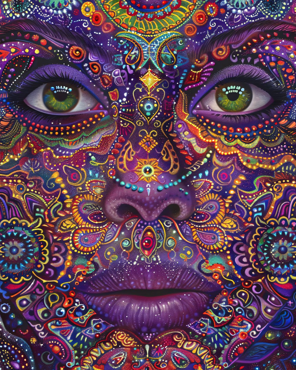 Psychedelische Vrouw met Kleurrijk Gezicht Spiritueel  Mandala Patronen, canvas art prints door F. Abderrahim