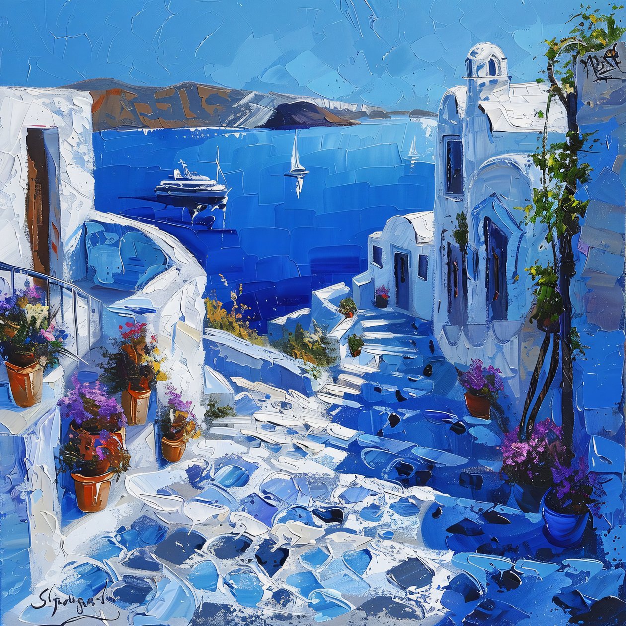Santorini met prachtige straatlantaarns, canvas  frame wanddecor prints door F. Abderrahim