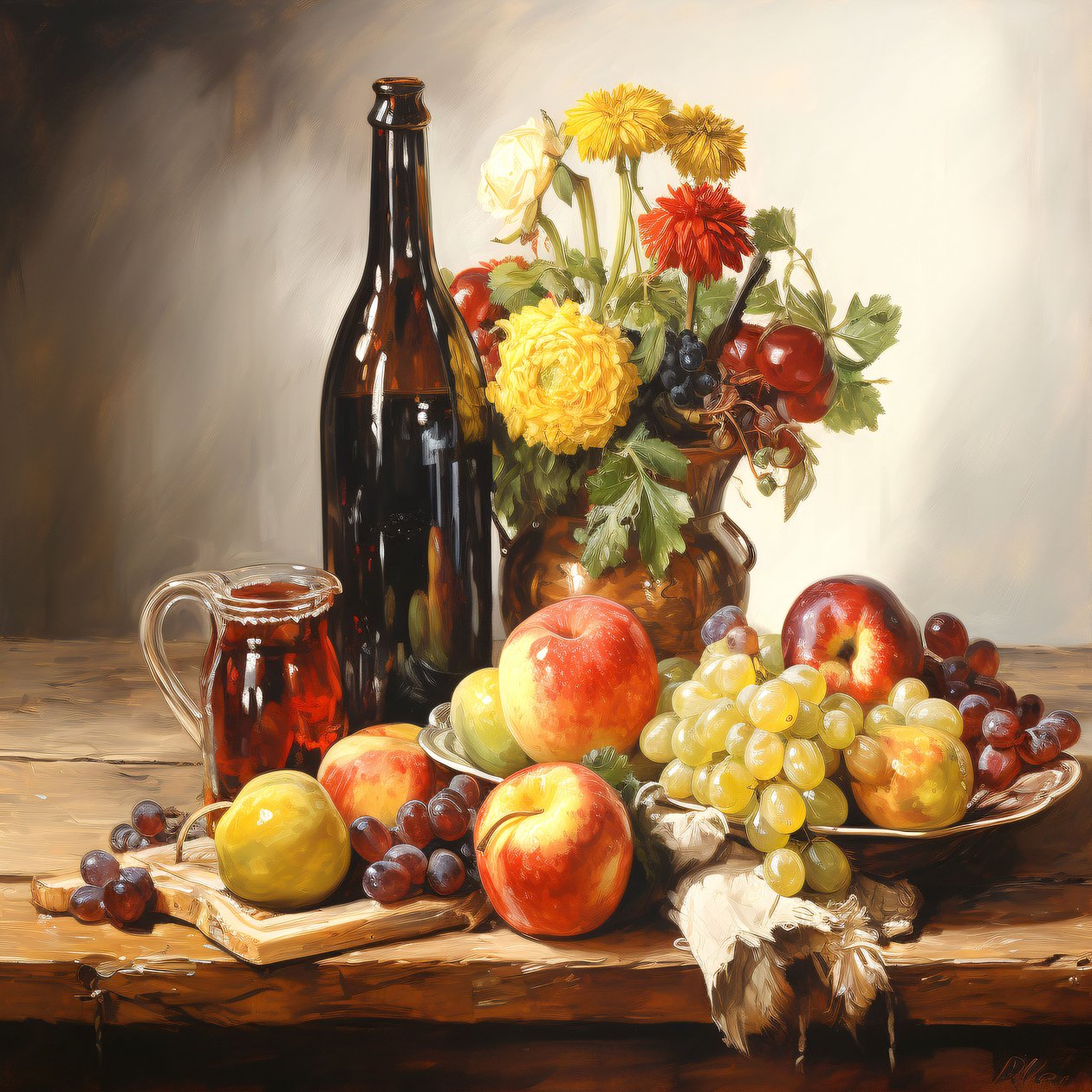 Stilleven schilderij, bloemen, fruit  wijn, wanddecoratieprints door F. Abderrahim