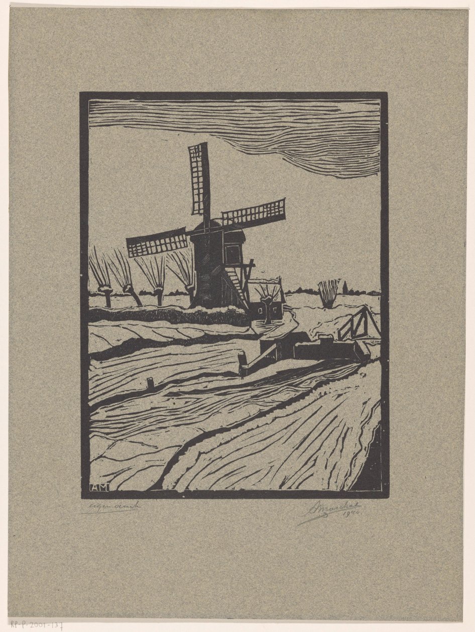 Winterlandschap met molen door A. Marchal