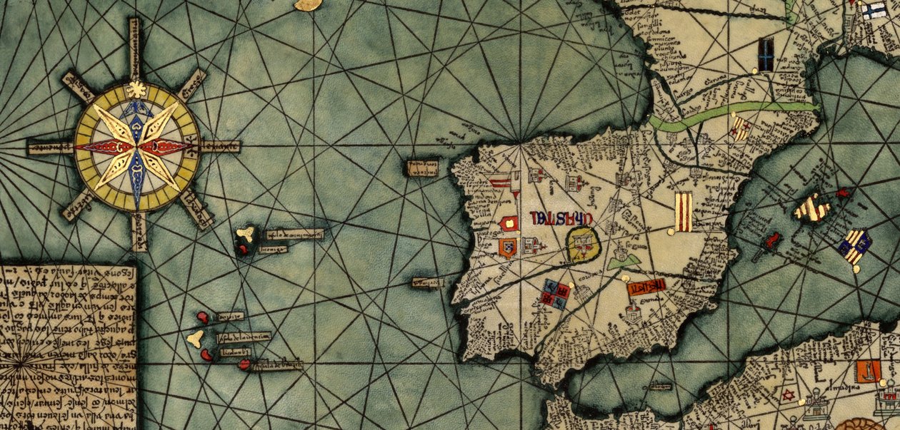 Spanje en de Atlantische Oceaan in de Catalaanse Atlas door Abraham Cresques