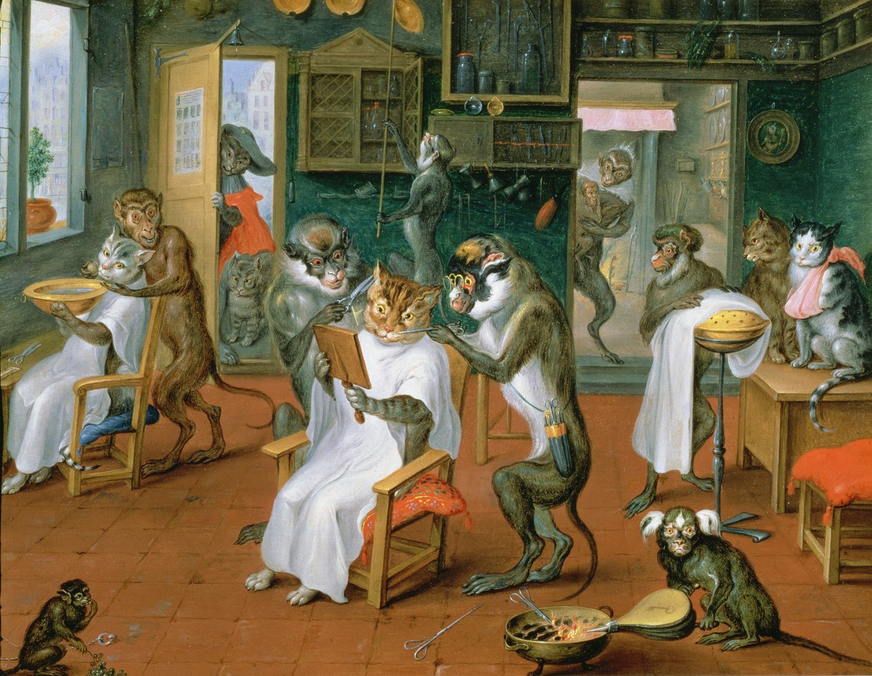 Kapperszaak met apen en katten door Abraham Teniers