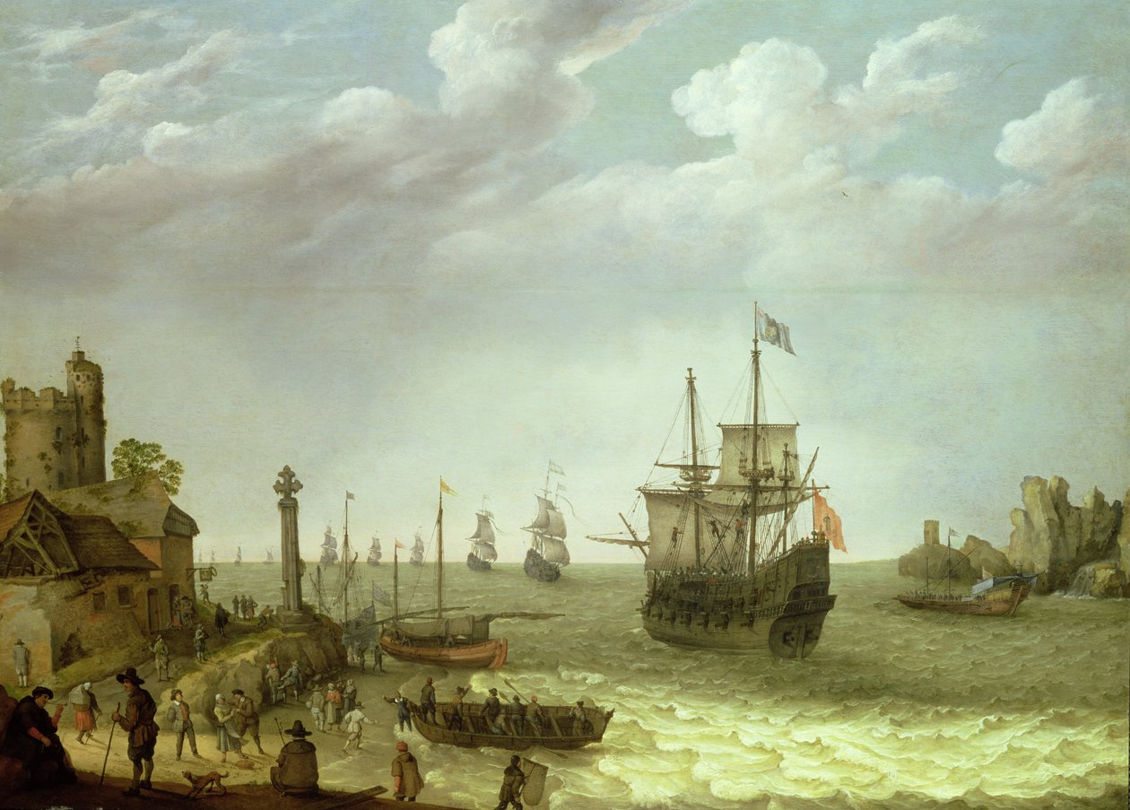 Nederzetting aan een rotsachtige kust met de Nederlandse vloot in aantocht, 1640 door Abraham Willaerts