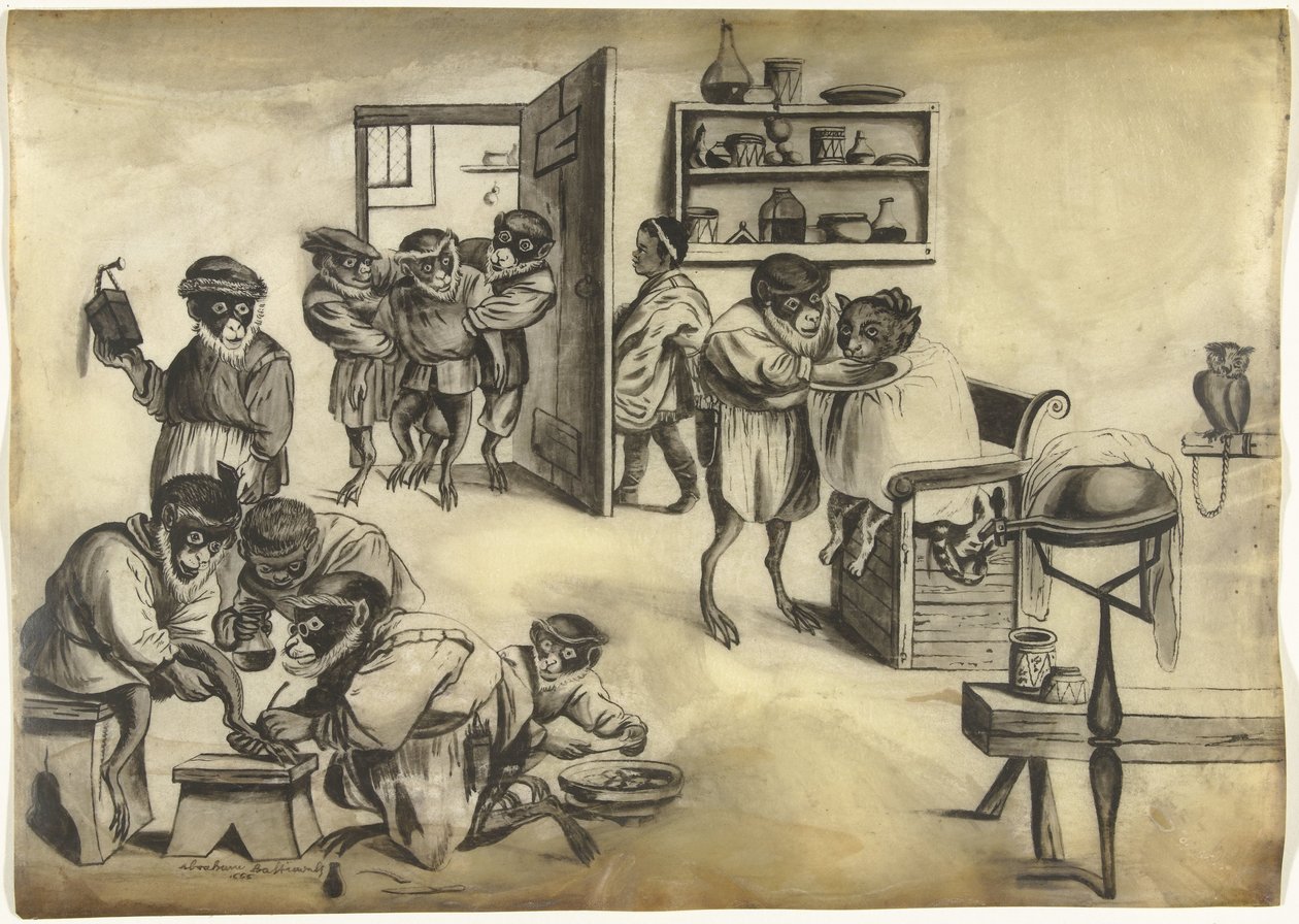 Barbierswinkel met apen, ca. 1720 door Abraham Bastiaensz.