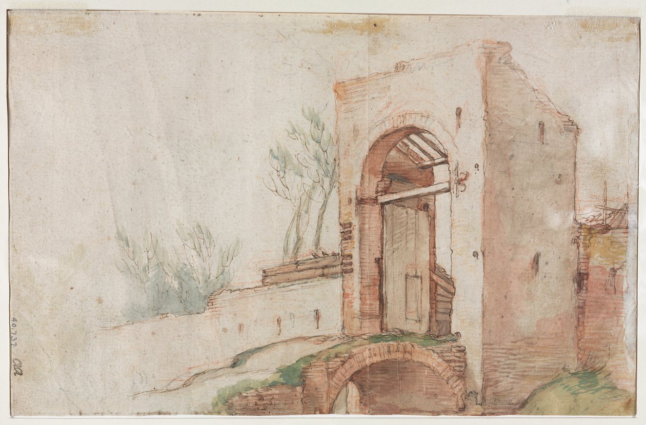 Brug en poort verso door Abraham Bloemaert