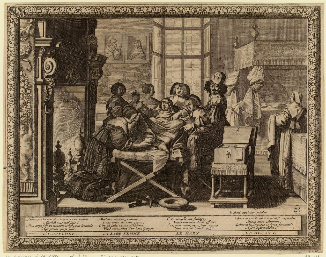 Het huwelijk in de stad: Bevalling door Abraham Bosse