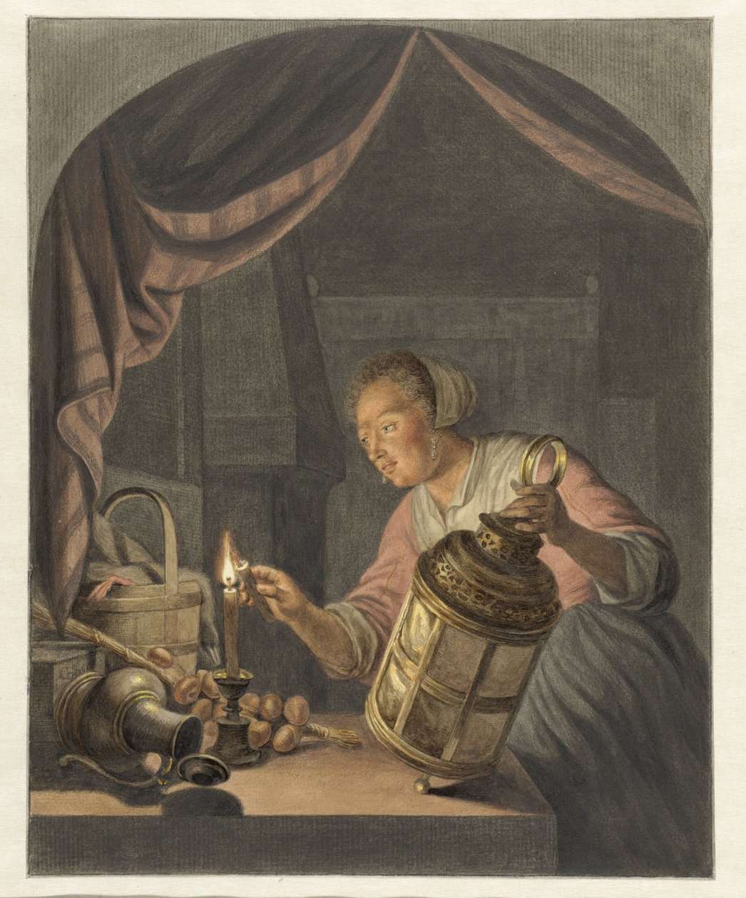 Meisje, een lantaarn ontstekend door Abraham Delfos
