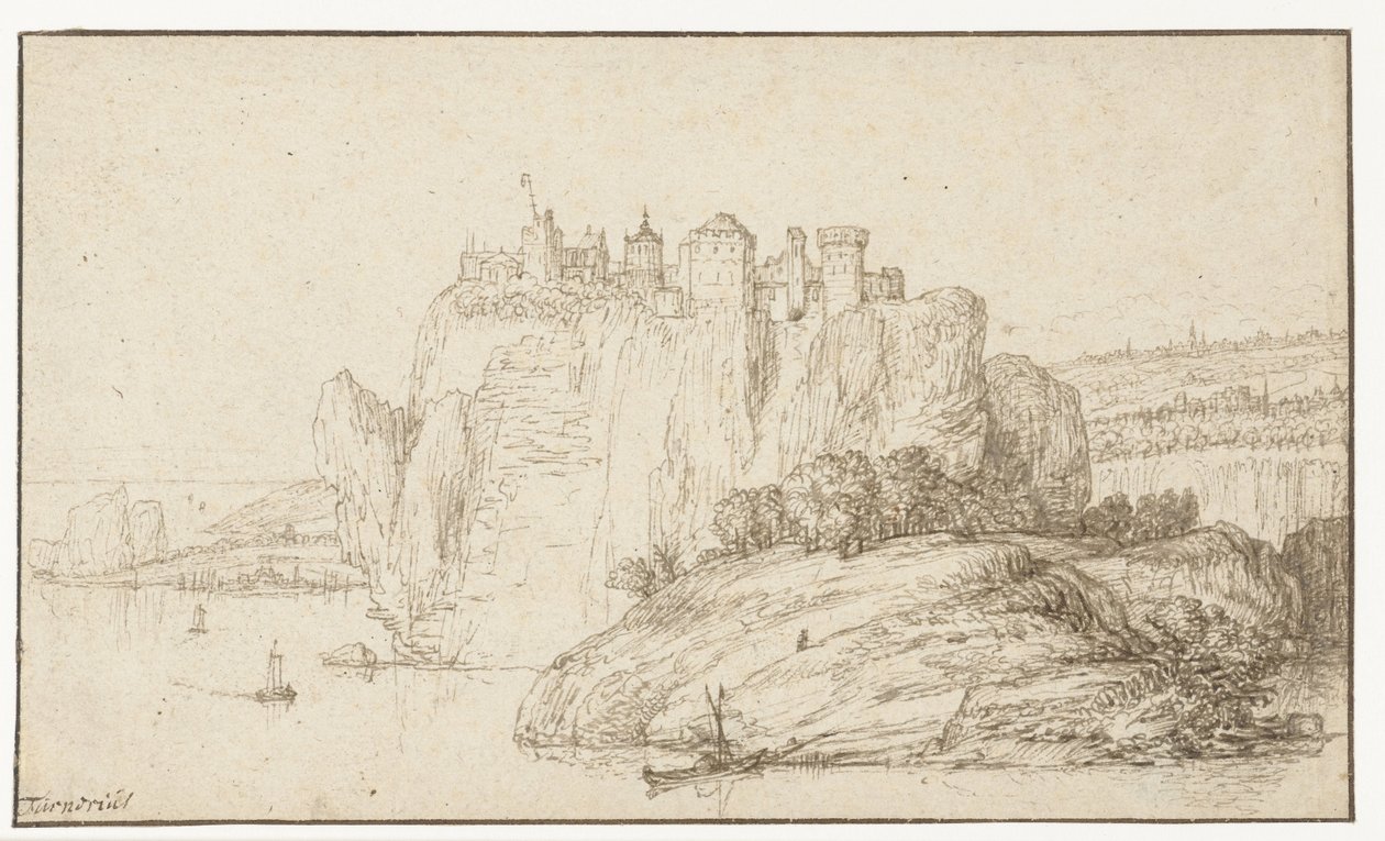 Burcht op een rots in een rivierlandschap door Abraham Furnerius