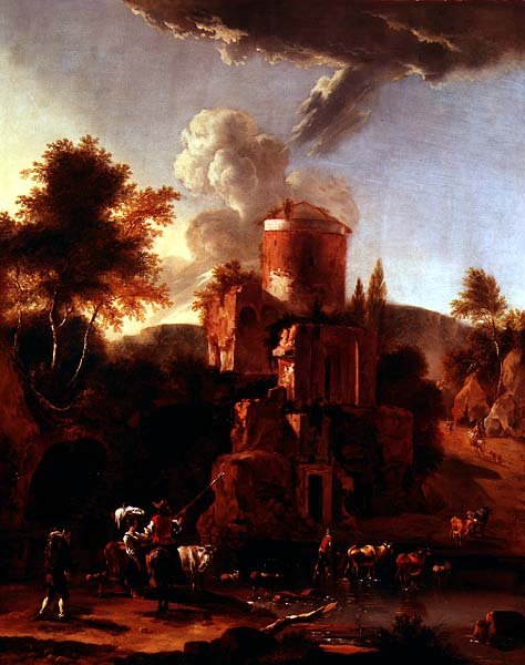 Italiaans landschap met ruïnes door Abraham Jansz Begeyn