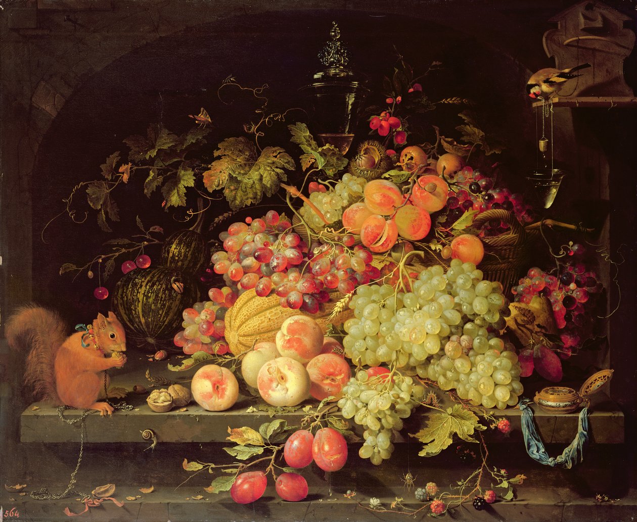 Stilleven met fruit, eekhoorn en distelvink door Abraham Mignon