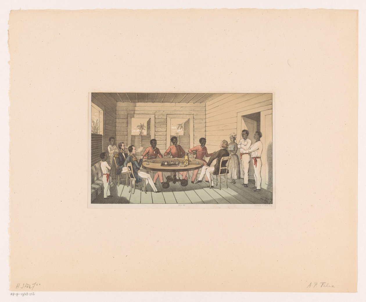 Surinamers en Hollanders drinken thee door Abraham Pieter Felix