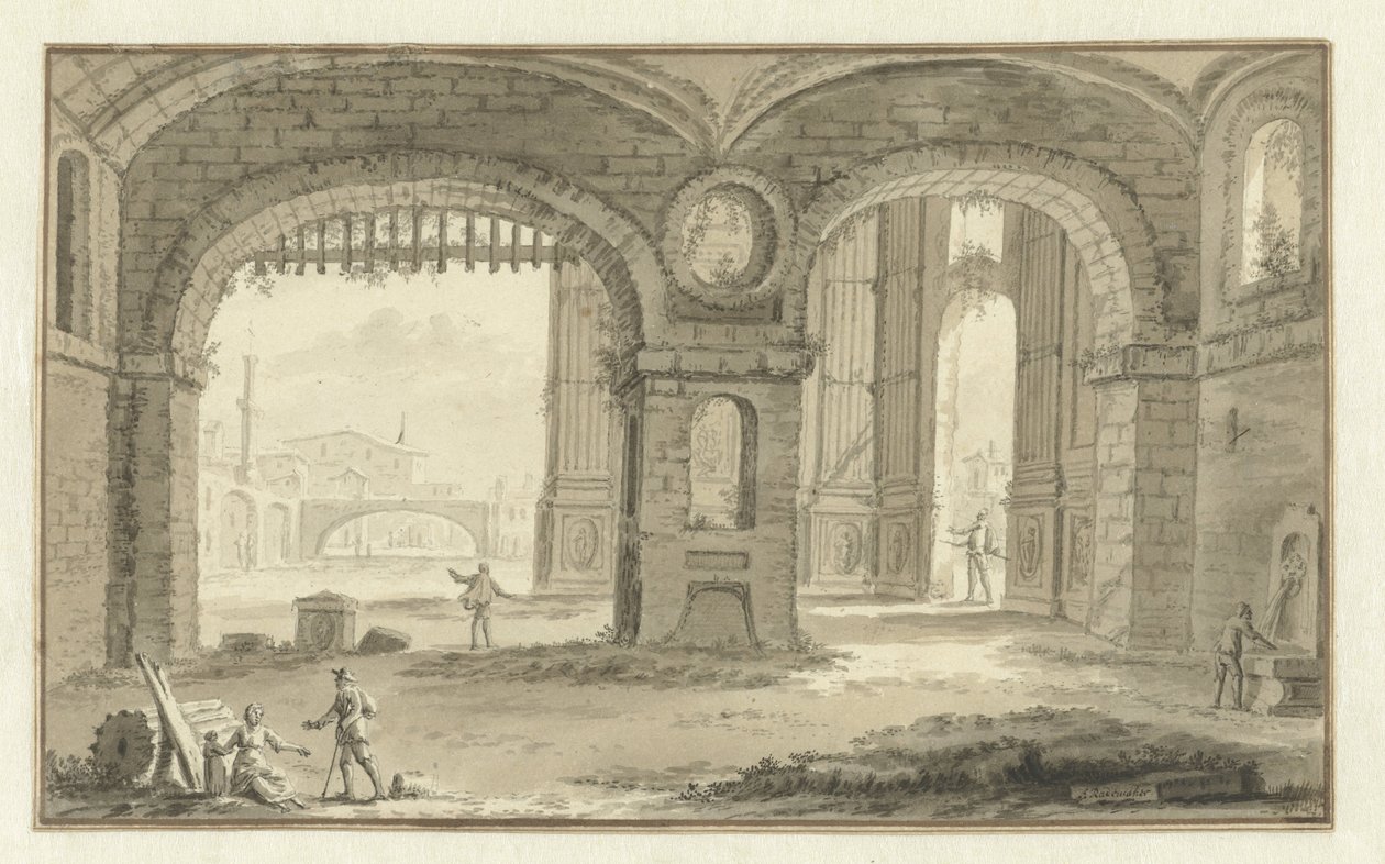 Gefantaseerd Italiaans stadsgezicht met klassieke bouwwerken door Abraham Rademaker