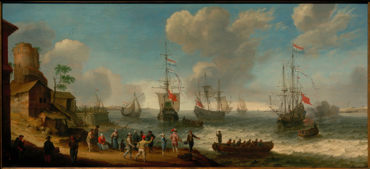 Nederlandse schepen in een riviermonding door Abraham Willarts