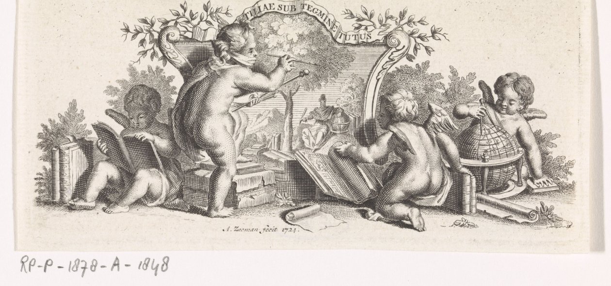 Vier putti studeren en schilderen door Abraham Zeeman