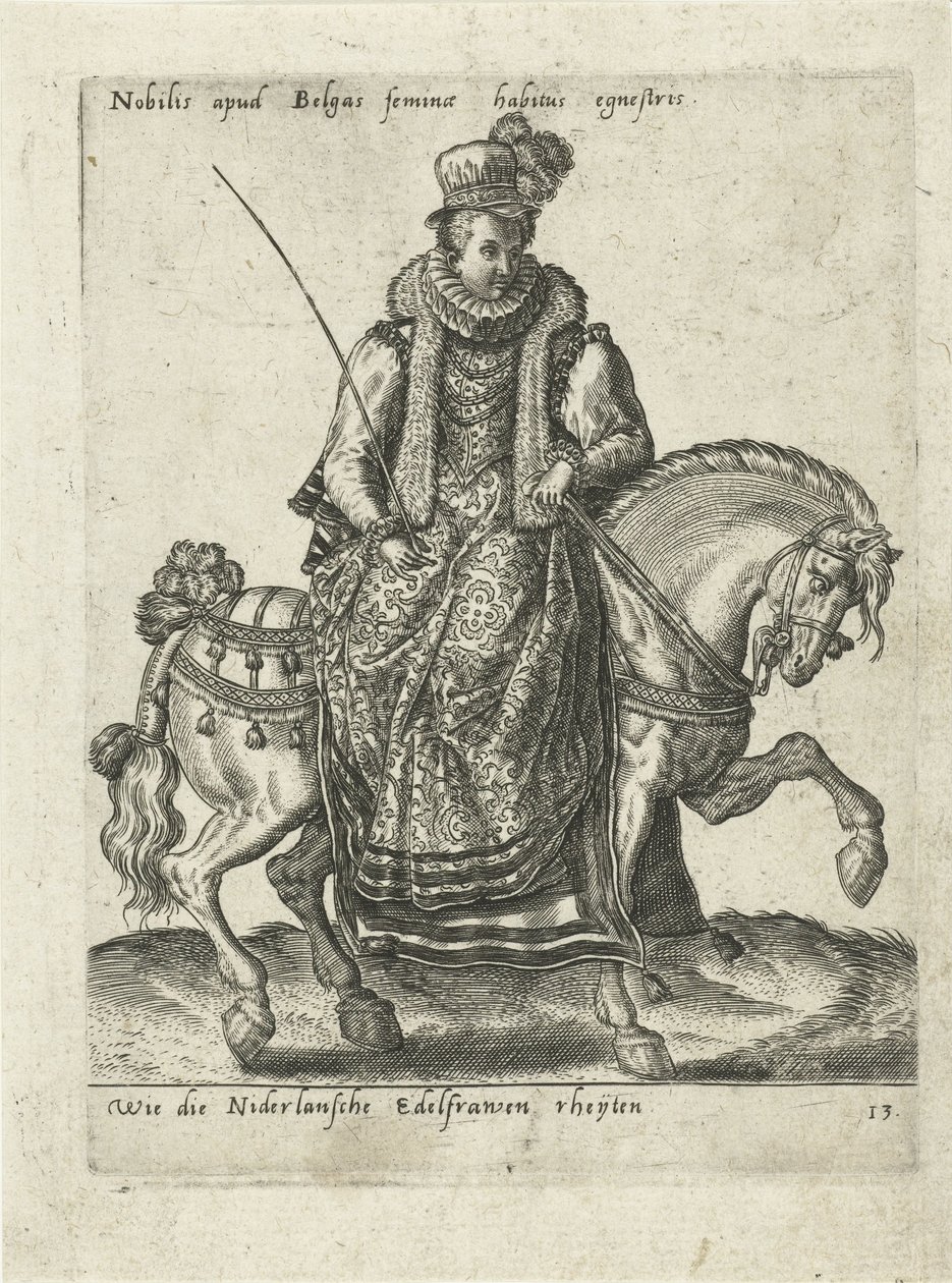 Nederlandse edelvrouw te paard door Abraham de Bruyn (attributed to)