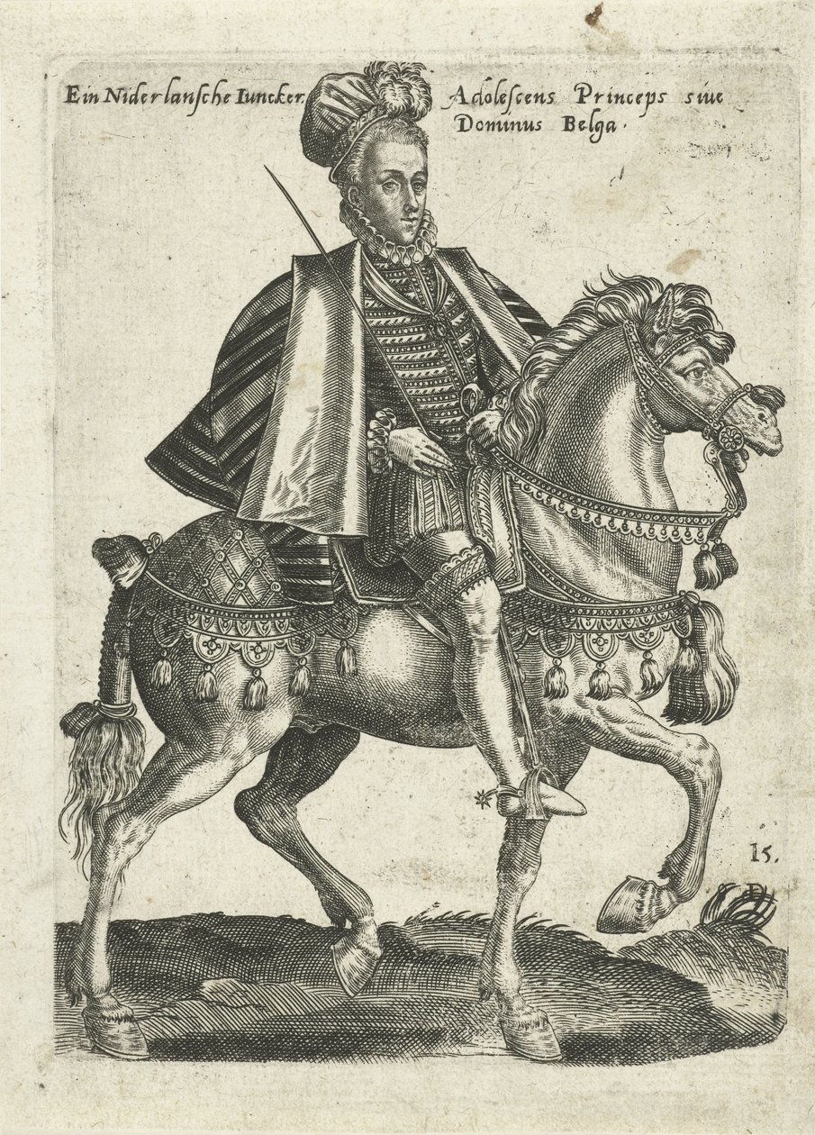 Nederlandse jonker te paard door Abraham de Bruyn (attributed to)