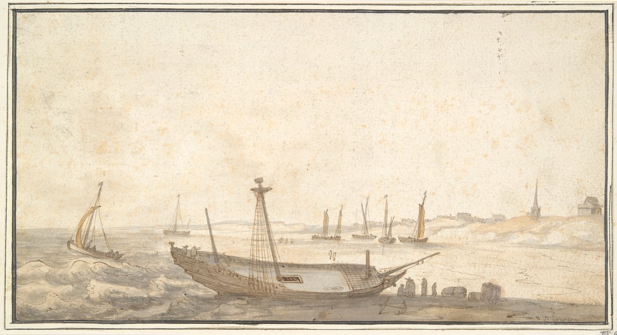 Strand met Schepen bij Scheveningen door Abraham de Verwer