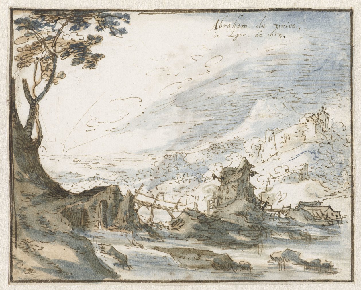 Bergachtig landschap met een houten brug door Abraham de Vries