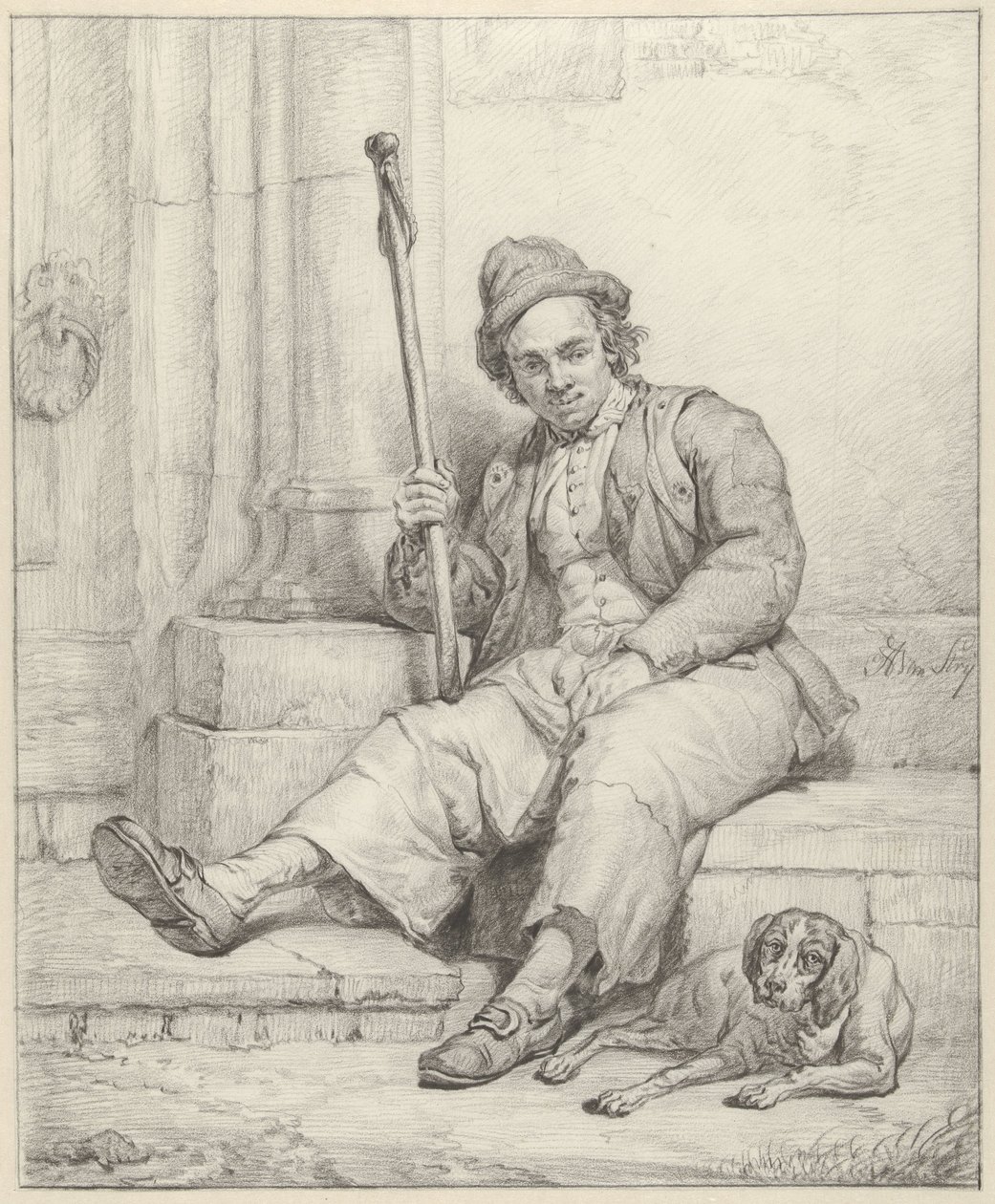 Zittende man met hond door Abraham van Strij (I)