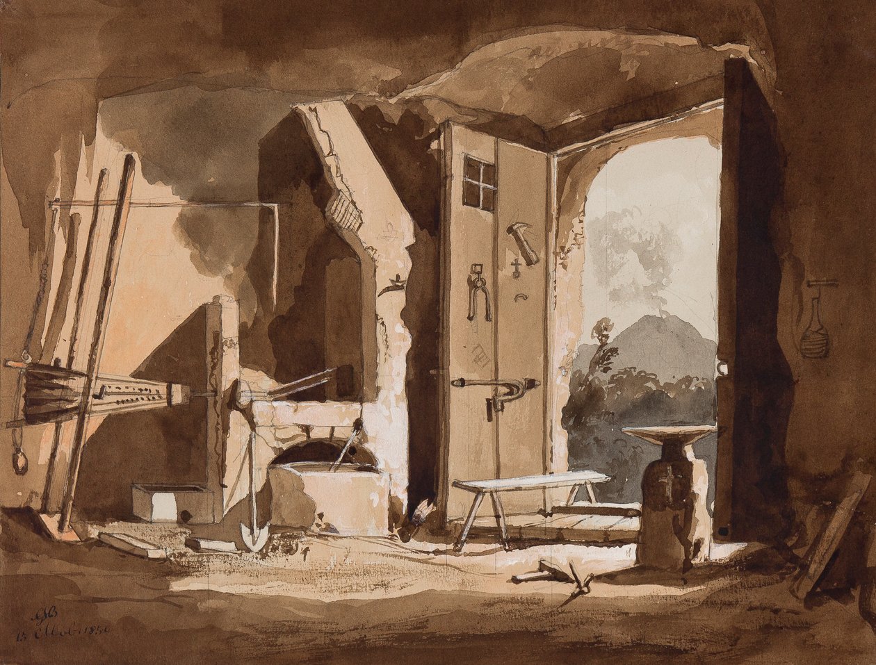 Interieur van een smederij, met toevoegingen door Prins Gaetano Maria Federico di Borbone, 1854 door Achille Vianelli