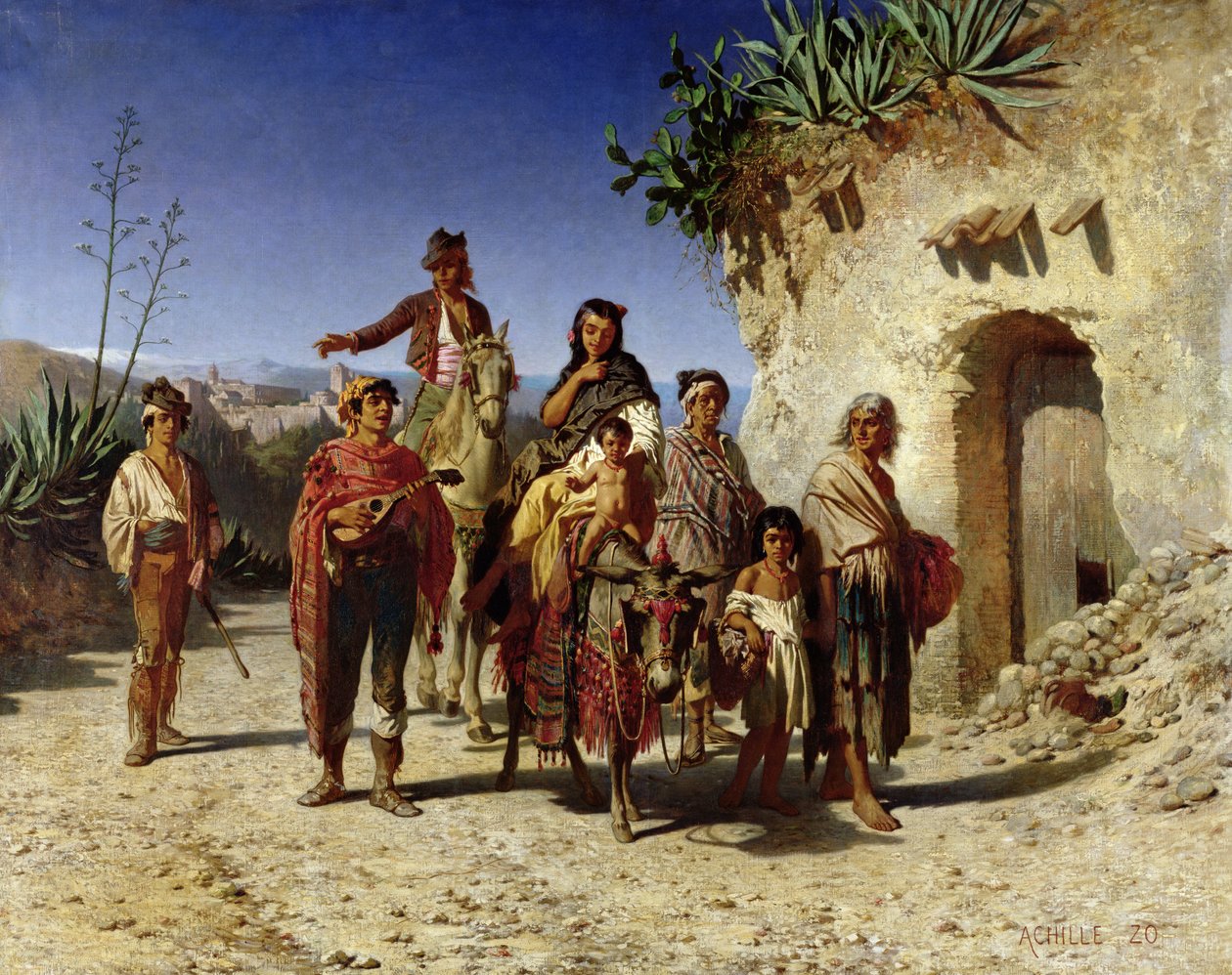 Een zigeunerfamilie op de weg, c.1861 door Achille Zo