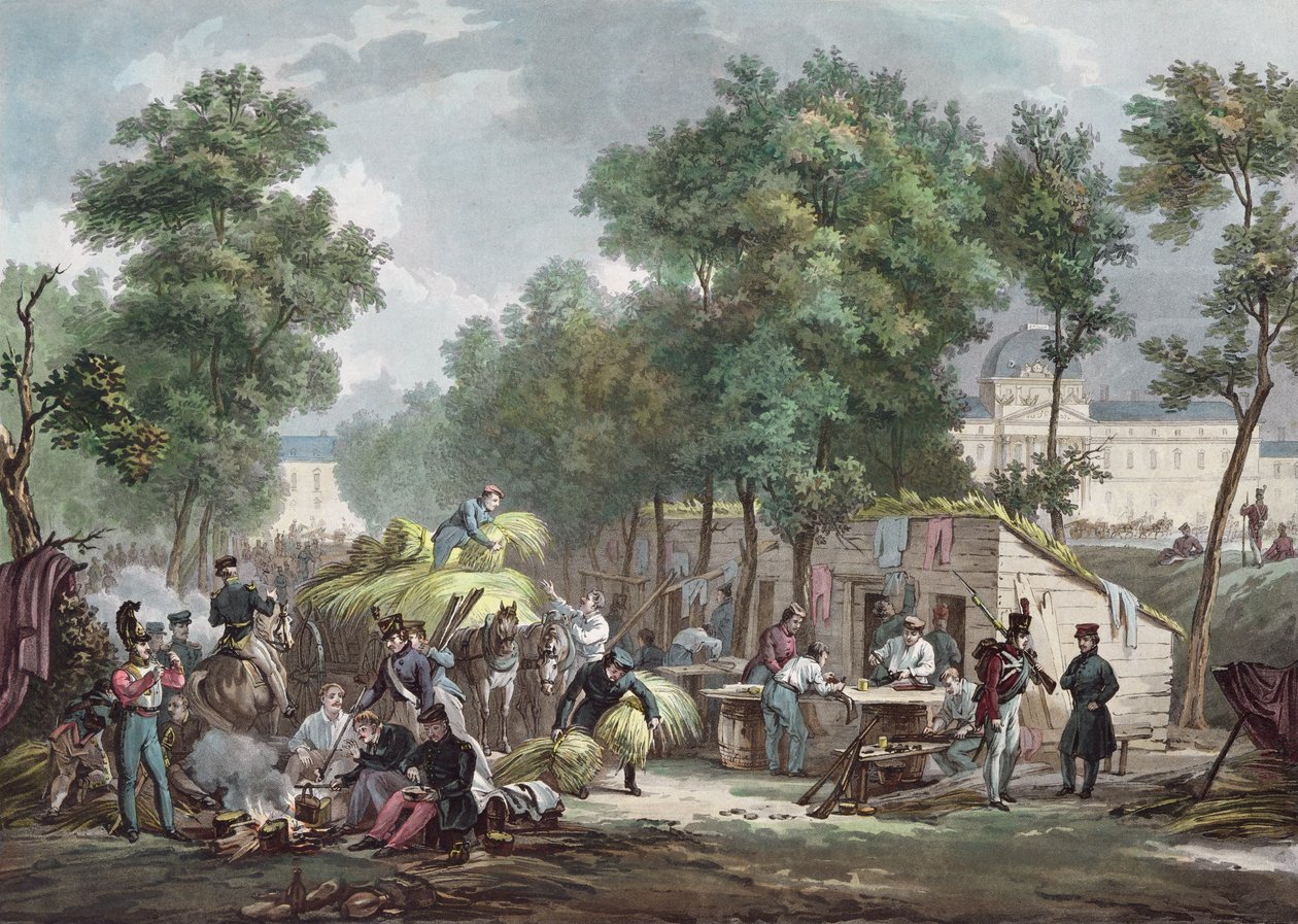 Pruisische soldaten bivakkeren in de Champs de Mars, Parijs in 1871, gegraveerd door Jazet door Achille Louis Martinet