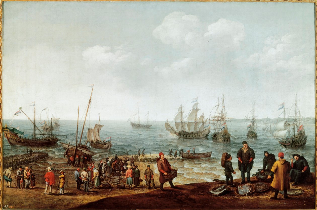 Strand met vissers door Adam Willaerts