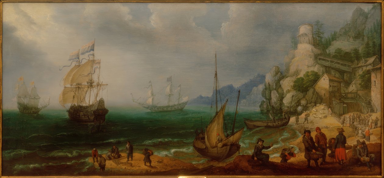 Rotsachtige kustlandschap met zeilschepen en vissers door Adam Willarts