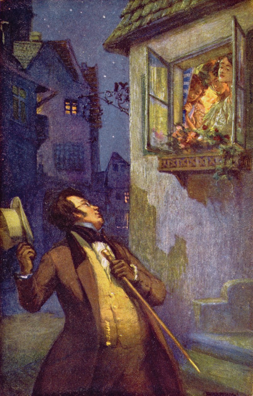 Weense ansichtkaart met Franz Peter Schubert (1796-1828) die de drie Tschoell-zusters begroet, ca. 1910 door Adolf Karpellus