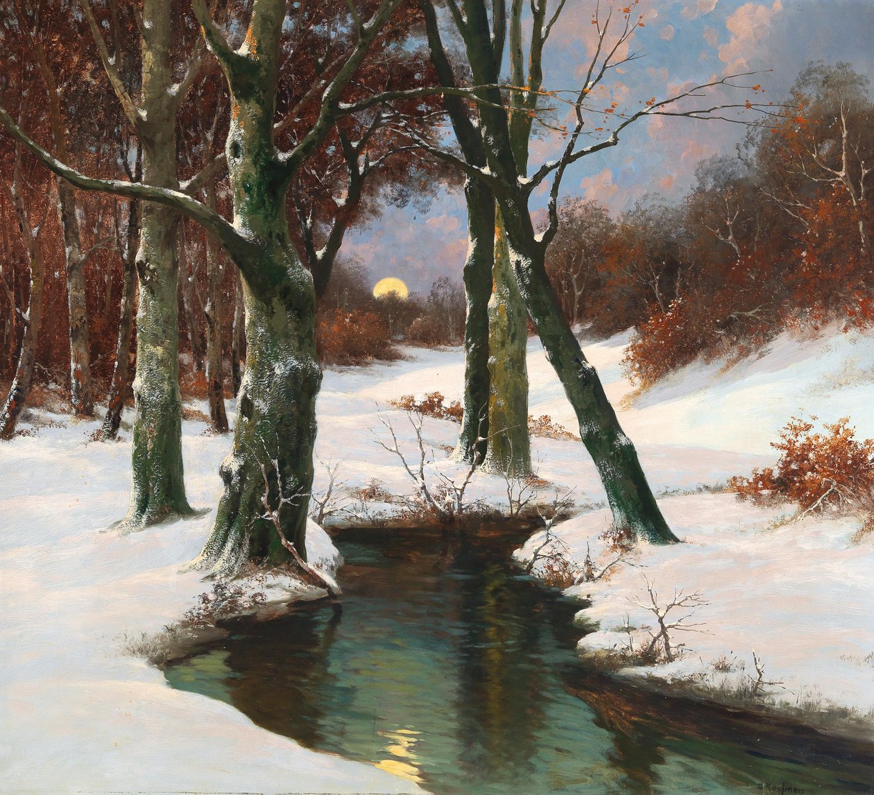 Winterlandschap met opkomende maan door Adolf Kaufmann