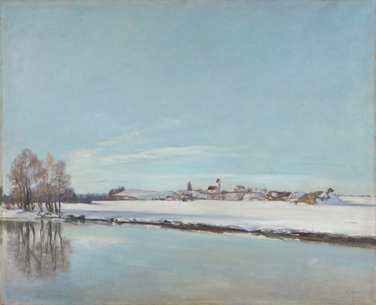 Winterlandschap (landschap in Dachau) door Adolf Holzel