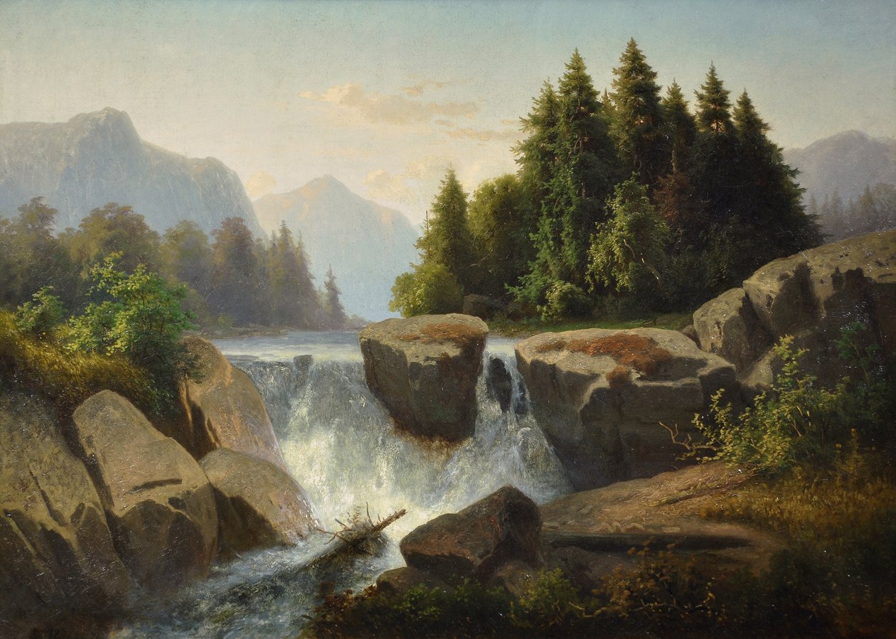 Berglandschap met waterval, ca. 1853 door Adolf Kosárek