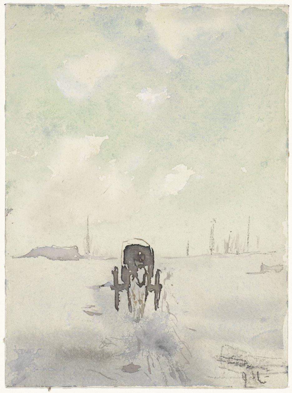 Winterlandschap met paard en wagen door Adolf le Comte