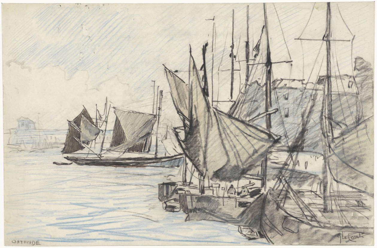 Zeilschepen in de haven van Oostende door Adolf le Comte