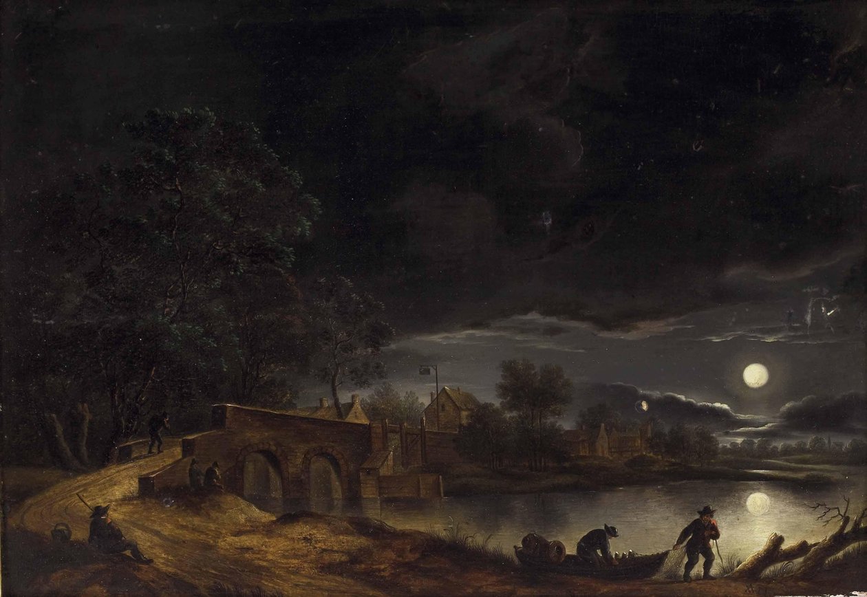 Volle maan boven dorp aan de rivier met brug en figuren door Adolph Friedrich Vollmer