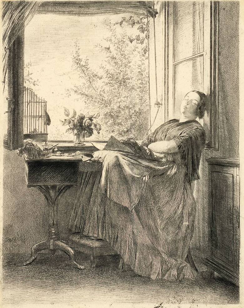 De slapende naaister bij het raam door Adolph Menzel
