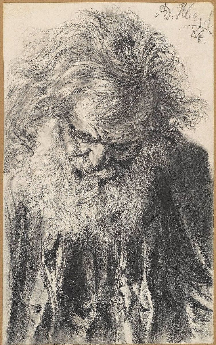 Halffiguur van een bebaarde oude man met gebogen hoofd door Adolph Menzel