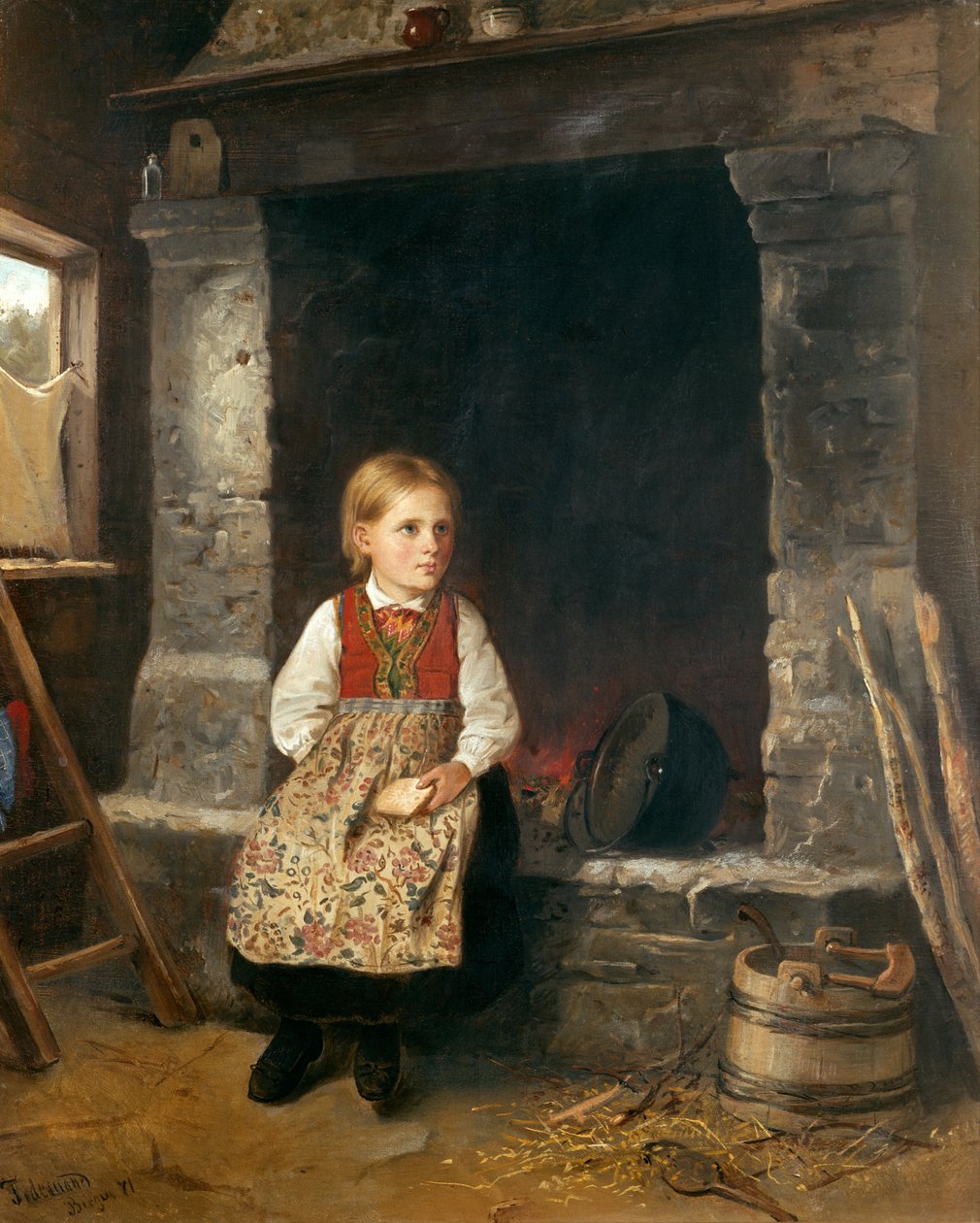 Het meisje bij de open haard door Adolph Tidemand
