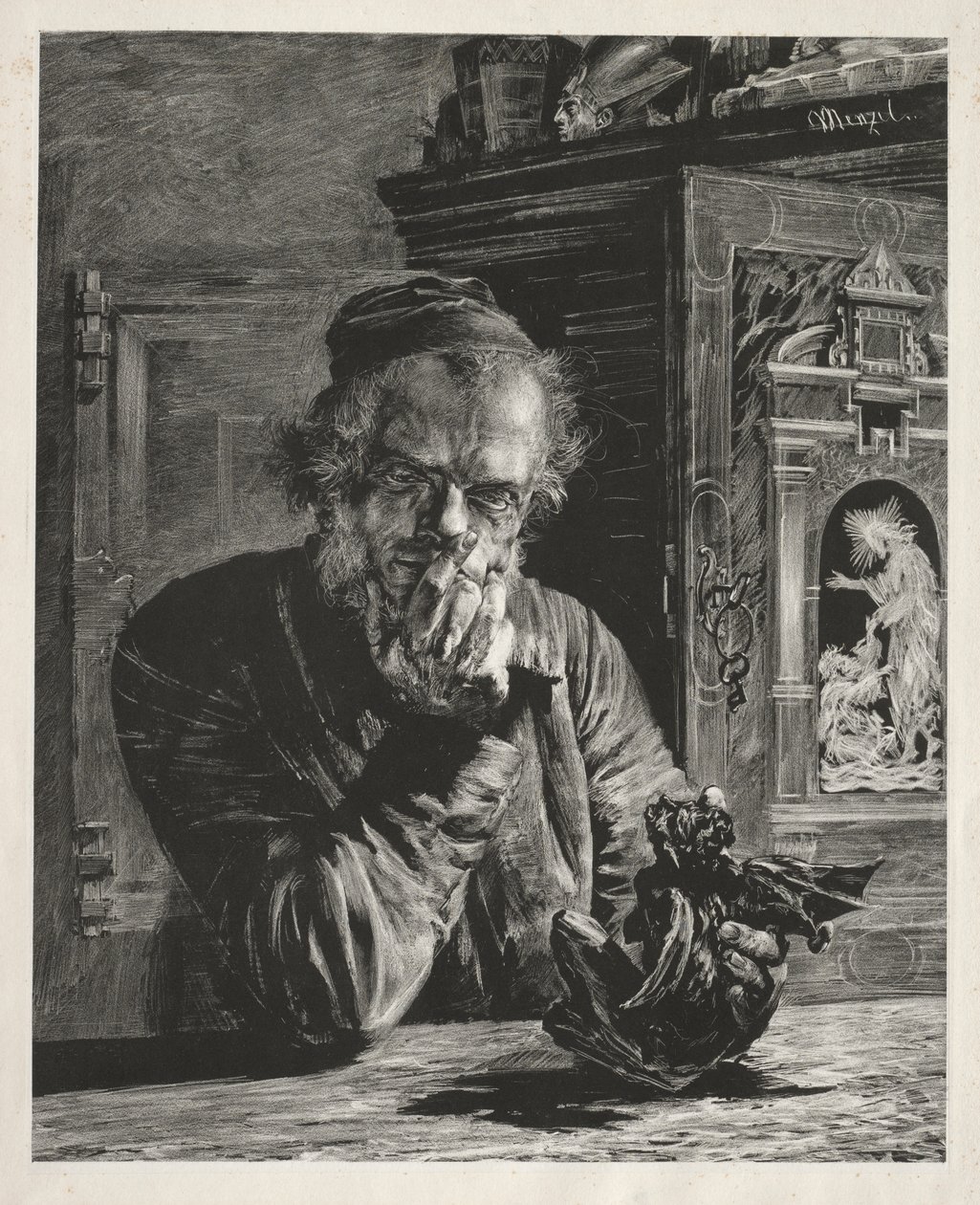 De antiquair - Zelfportret door Adolph Menzel